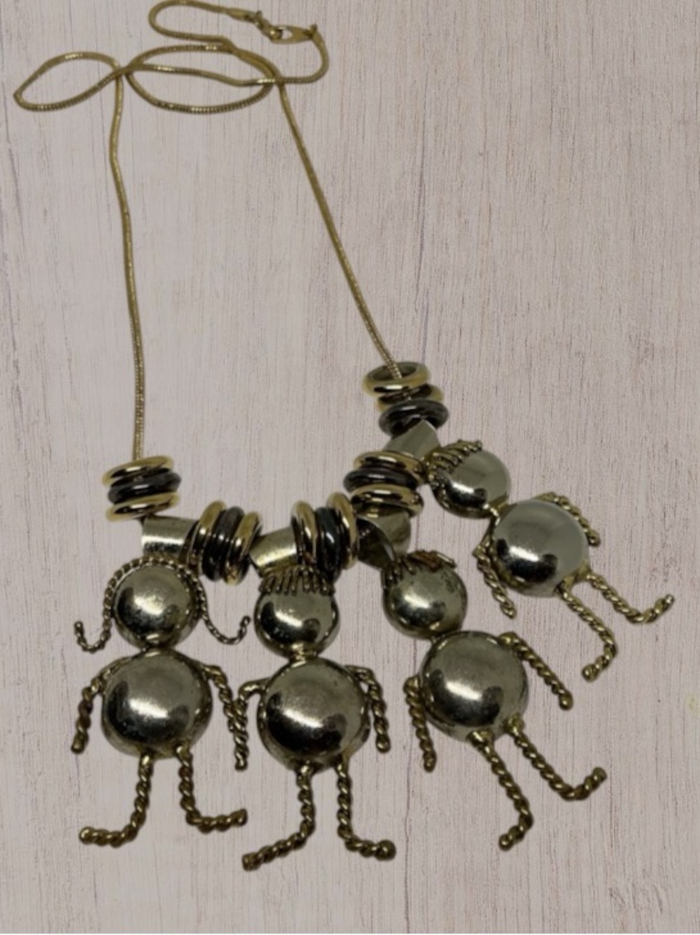 Vintage Mixed Metal Figural Dangling People Statement Charm Necklace